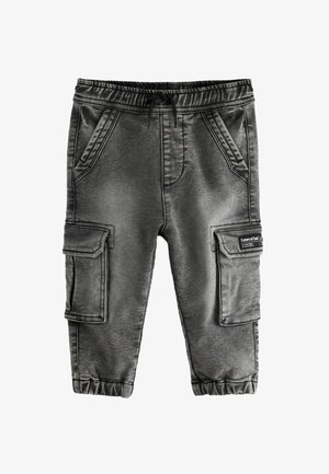 Fekete cargo nadrág puha szövetből, két oldalzsebbel, két cargo zsebbel, rugalmas mandzsettával és húzózsinóros derékkal.