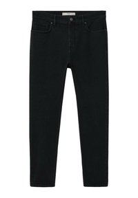 Vaqueros de denim negro con corte ajustado, cinco bolsillos, cierre de botón y detalle de costura sutil. Textura suave y diseño clásico.