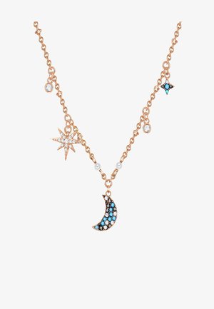 Roze gouden ketting met een kettingontwerp, featuring een maan, ster en kleine kralen, versierd met blauwe en witte kristallen.