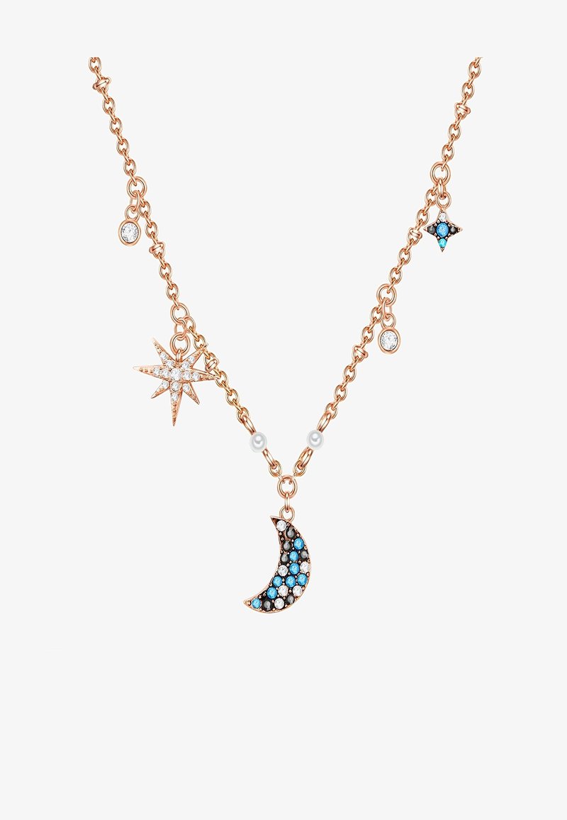 Roosakullast kaelakee, millel on ketidisain, kus on kuu, täht ja väikesed helmed, kaunistatud siniste ja valgete kristallidega.