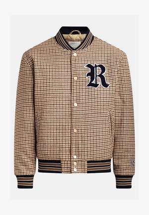 Camisa bomber com padrão de houndstooth castanho, com colarinho e punhos em náutico azul canelado, apresentando um 'R' branco bordado e botões de pressão dourados.