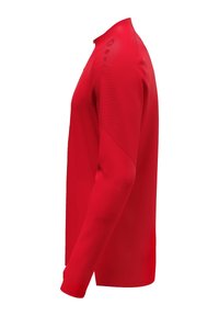 Rood sportief shirt met lange mouwen, voorzien van een gladde textuur, aansluitend ontwerp en meshaccenten op de schouder. Ritssluiting bij de hals.