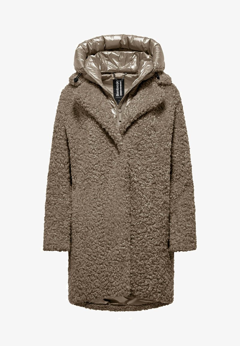 Bruine textuurjas met een fluffy buitenkant en een glanzende, gewatteerde capuchon. Beschikt over een ritsluiting en zijzakken. Gezellig en modern ontwerp.