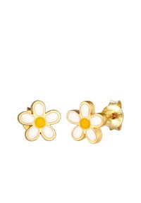 Orecchini a bottone in oro a forma di margherite, con petali bianchi e centro giallo, finitura lucida e chiusura sicura.