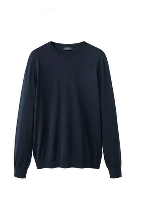 Dunkelblauer Pullover mit langen Ärmeln, Rundhalsausschnitt, gerippten Bündchen und Saum. Hergestellt aus weichem Material mit glatter Textur und ohne sichtbare Muster.