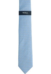 Blue checkered tie featuring a houndstooth pattern. Made of fabric with a smooth texture, finished with a dark blue logo label.
