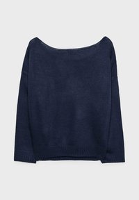 Dunkelblauer Strickpullover mit weitem Rundhalsausschnitt, langen Ärmeln, gerippten Bündchen und Saum. Sanfte Textur mit lockerer Passform.