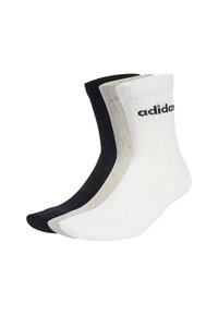 Trzy pary skarpet załogowych w kolorach czarnym, szarym i białym. Wykonane z teksturowanej tkaniny, z prążkowanym wykończeniem u góry i odważnym logo "adidas" na białej skarpecie.
