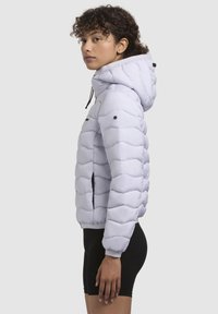 Light purple insulated jacket with a hood, featuring a quilted design, black accents, and zippered pockets. Smooth texture, fitted shape.