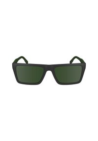 Ochelari de soare negri, cu lentile verzi, finisaj mat și formă unghiulară distinctivă. Prezintă un accent curbat verde pe brățările ochelarilor.