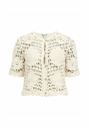 Cardigan court à manches courtes en crochet couleur crème avec motifs floraux et fermeture par boutons, avec un design en maille ouverte.