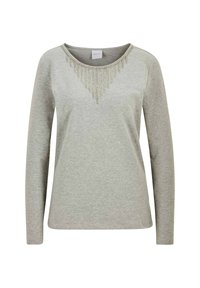 Graues Langarmshirt mit Rundhalsausschnitt, das ein dekoratives Perlenmuster auf der Brust aufweist. Weicher Stoff mit glatter Textur.