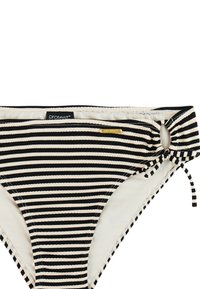 Parte inferior de bikini a rayas blancas y negras con tela texturizada, abertura lateral y detalle de cuerda anudada en la cadera derecha, con la etiqueta "protest".