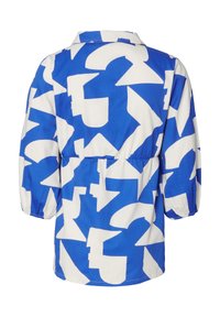 Blauw en wit gemêleerd blouse met een kraag, elastische taille en driekwartmouwen, voorzien van abstracte vormen en een gladde textuur.