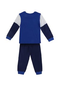 Tweekleurig pyjama-set met een blauwe langemouwtop met witte en marineblauwe mouwen en bijpassende marineblauwe broeken met blauwe boorden. Gemaakt van katoen.