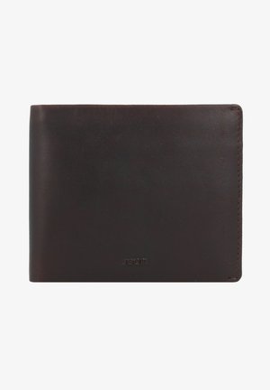 Portafoglio in pelle marrone con una texture liscia e un design minimalista, caratterizzato da cuciture lungo i bordi e un logo goffrato discreto.
