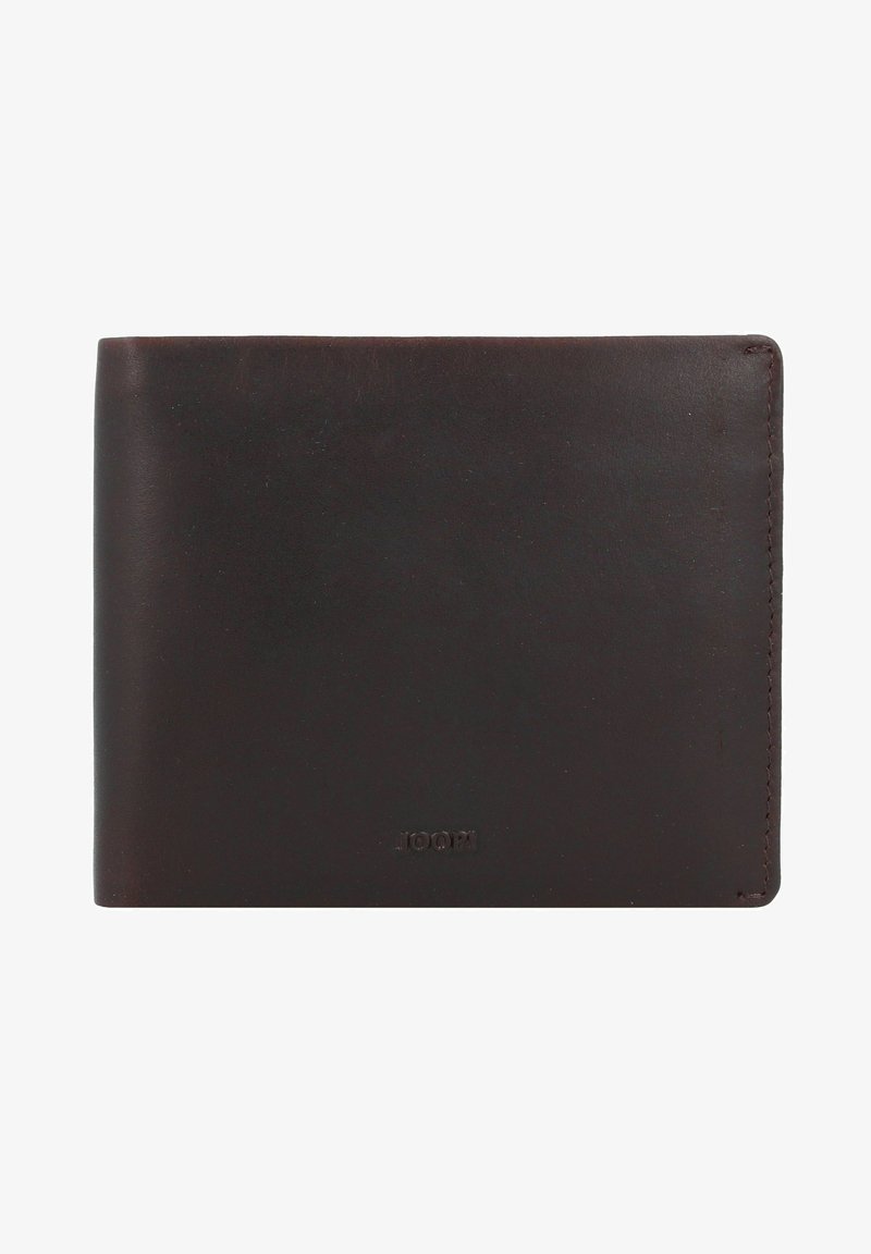 Portafoglio in pelle marrone con una texture liscia e un design minimalista, caratterizzato da cuciture lungo i bordi e un logo goffrato discreto.