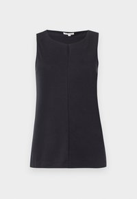 Ermeløs svart topp laget av myk fabric, med rund halsutskjæring og en sentral søm foran. Glatt tekstur, enkel design.