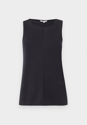 Sleeveless black top made of soft fabric, featuring a rounded neckline and a central seam down the front. Smooth texture, simple design.