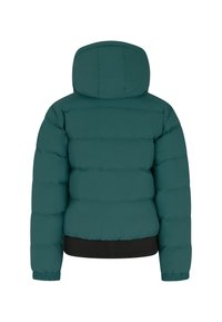Teal pufferjack met capuchon, elastische manchetten en zwarte ribgebreide tailleband, gezien vanaf de achterkant op een witte achtergrond.