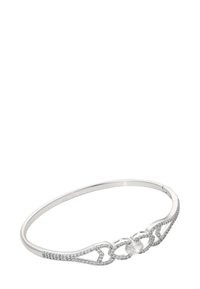 Bracciale d'argento con un intricato design a traforo, accentuato da piccoli cristalli e una gemma centrale ovale e trasparente.