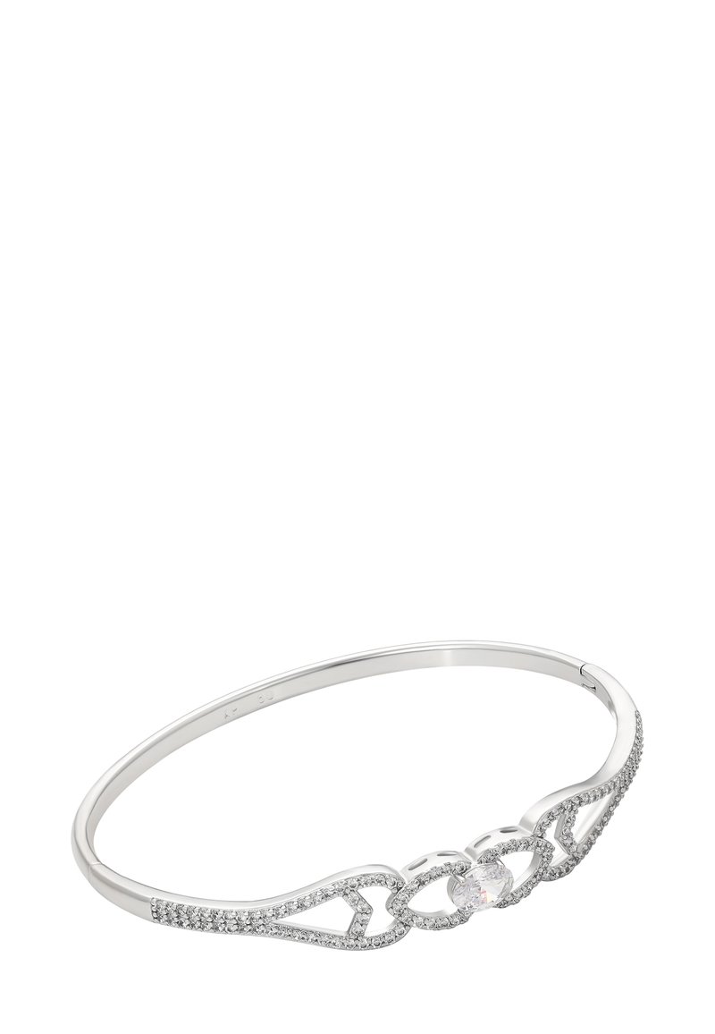 Bracciale d'argento con un intricato design a traforo, accentuato da piccoli cristalli e una gemma centrale ovale e trasparente.