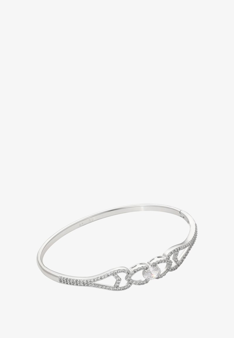 Ezüst karkötő, bonyolult nyitott mintázattal, amelyet apró kristályok és egy középső ovális, tiszta drágakő díszít.