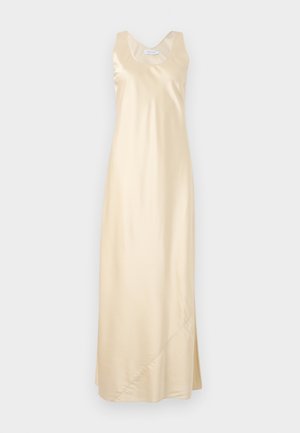 Saténové šaty bez rukávov v svetlej béžovej farbe s okrúhlym výstrihom, rovnou siluetou, bočným rozparkom a hladkou textúrou.