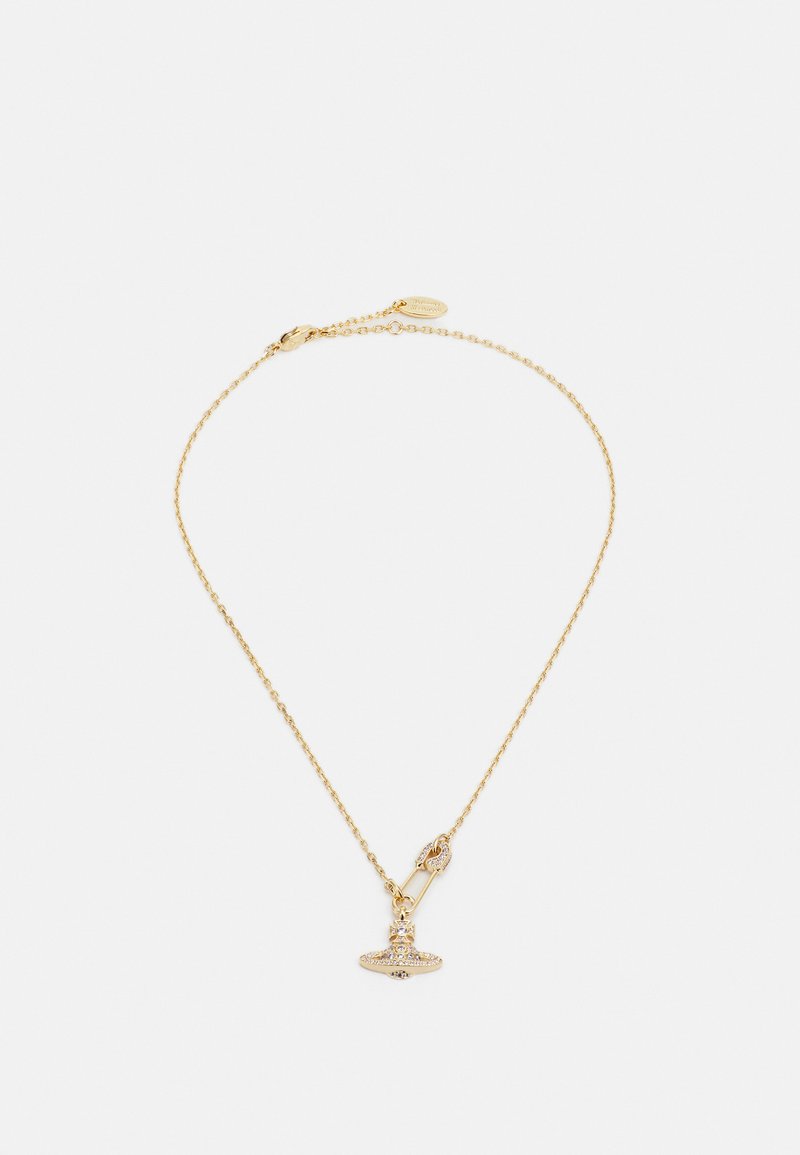 Collar de tono dorado con cadena delicada, que presenta un colgante con un diseño circular y acentos brillantes. Detalle de cierre ajustable.