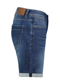 Dunkelblaue Denim-Shorts. Verfügt über einen umgeschlagenen Saum, ein Fünf-Taschen-Design und ein Leder-Brandpatch am hinteren Bund. Weicher Stoff.