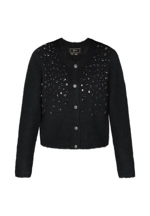 Schwarze Strickjacke mit rundem Ausschnitt, langen Ärmeln und dekorativen Strasssteinen auf der Vorderseite. Wird mit fünf Knöpfen geschlossen.