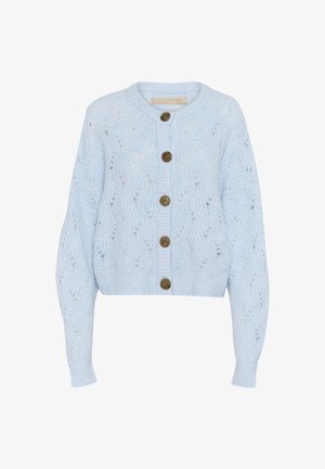 Hele sinine kudumiskardigan lainemustriga tekstuuriga, kuue messingist nupuga esiküljel ning soonikkoes ja alläär.