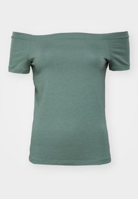 Off-shoulder kortermet skjorte i dempet grønn bomull, med en tettsittende fasong og glatt tekstur, med en enkel halslinje og kant.