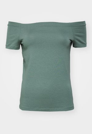 Košeľa s odhalenými ramenami a krátkym rukávom v tlmenej zelenej farbe z bavlny, s priliehavým strihom a hladkou textúrou, s jednoduchým výstrihom a lemom.