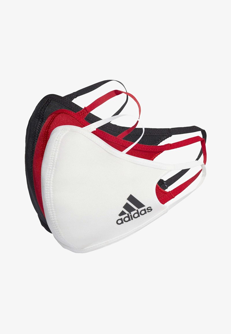 Three face masks in black, red, and white fabric, featuring adjustable straps and the Adidas logo in black on the white mask.