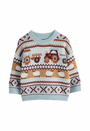 Hellblauer, gestrickter Kinderpullover mit Traktor- und Schafmustern in Braun-, Weiß- und Burgundertönen.