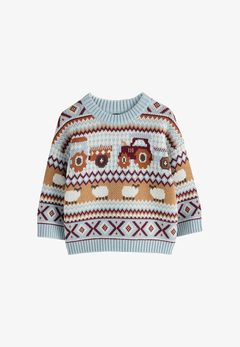 Hellblauer, gestrickter Kinderpullover mit Traktor- und Schafmustern in Braun-, Weiß- und Burgundertönen.