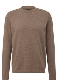 Brązowy sweter wykonany z teksturowanej dzianiny, z okrągłym dekoltem, długimi rękawami oraz prążkowanymi mankietami i dołem dla dodatkowego wykończenia.