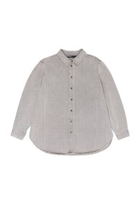 Hellgraues Denim-Hemd mit Button-Down-Kragen, langen Ärmeln, abgerundetem Saum und Metallknöpfen entlang der vorderen Knopfleiste.