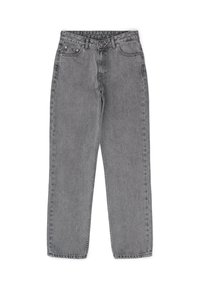Hoch taillierte, gerade geschnittene Jeans aus grauem Denim; verfügt über einen Knopfverschluss, fünf Taschen und minimale Ausbleichungen für einen klassischen Look.