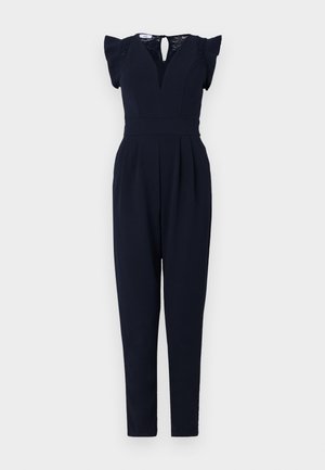 Navy Jumpsuit mit kurzen Rüschenärmeln, tiefem V-Ausschnitt und Spitzenakzenten. Verfügt über einen gefalteten Frontbereich und tapered Beine für eine maßgeschneiderte Passform.