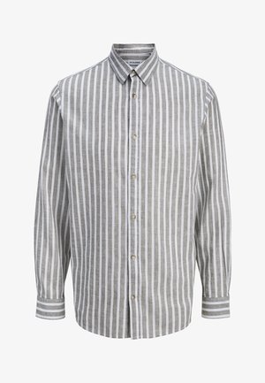Langarm-Hemd mit Knopfleiste, vertikalen grauen und weißen Streifen, klassischem Kragen, figurbetontem Schnitt und geknöpften Manschetten.
