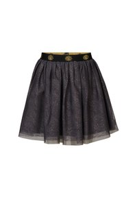 Donkere tule rok met gouden spikkels, voorzien van een elastische tailleband met geborduurde zonmotieven. Uitlopende ontwerp met gelaagde textuur.