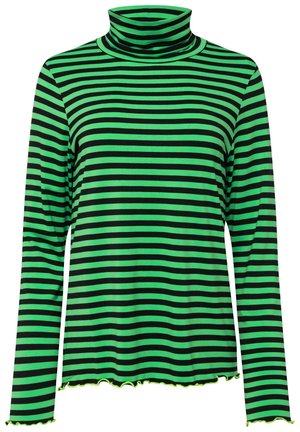 Maglione a collo alto a righe verdi e nere, maniche lunghe, con una texture a coste e un orlo ondulato con rifiniture verde neon.