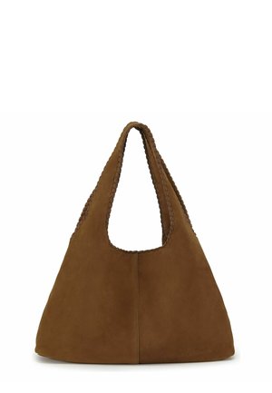 Braune Wildleder-Schultertasche mit dreieckiger Form und geflochtenen Details entlang der Kanten und des Griffs.