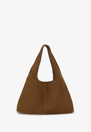 Borsa a tracolla in suede marrone dalla forma triangolare con dettagli intrecciati lungo i bordi e il manico.