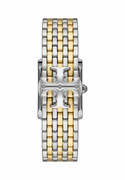Correa de reloj de metal bicolor en plata y oro con un cierre central plateado que presenta un diseño en forma de cruz.
