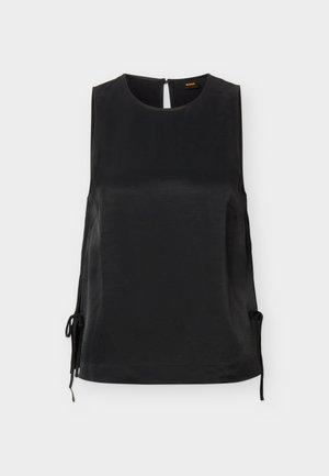 Bluză fără mâneci din satin negru, cu decolteu rotund, detalii cu legătură laterală și închidere cu nasturi la spate.