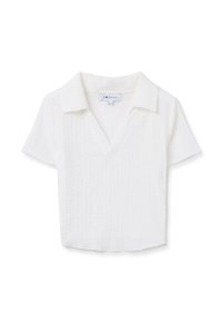 Witte shirt met korte mouwen, een V-hals en een kraagontwerp. Gemaakt van textiel, met een licht ontspannen pasvorm en een rechte zoom.