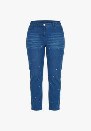 Siniset farkut hopeisilla niittikoristeilla edessä, joissa on nappi- ja vetoketjusuljenta sekä etutaskut.